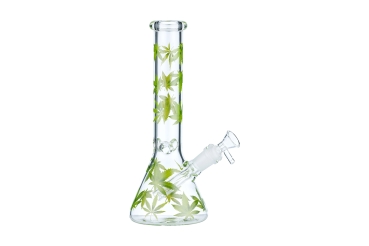 Glasbong Ice konisch transparent Hanfblatt grün Höhe 25cm Ø 5cm Chillum 18,8er Schliff